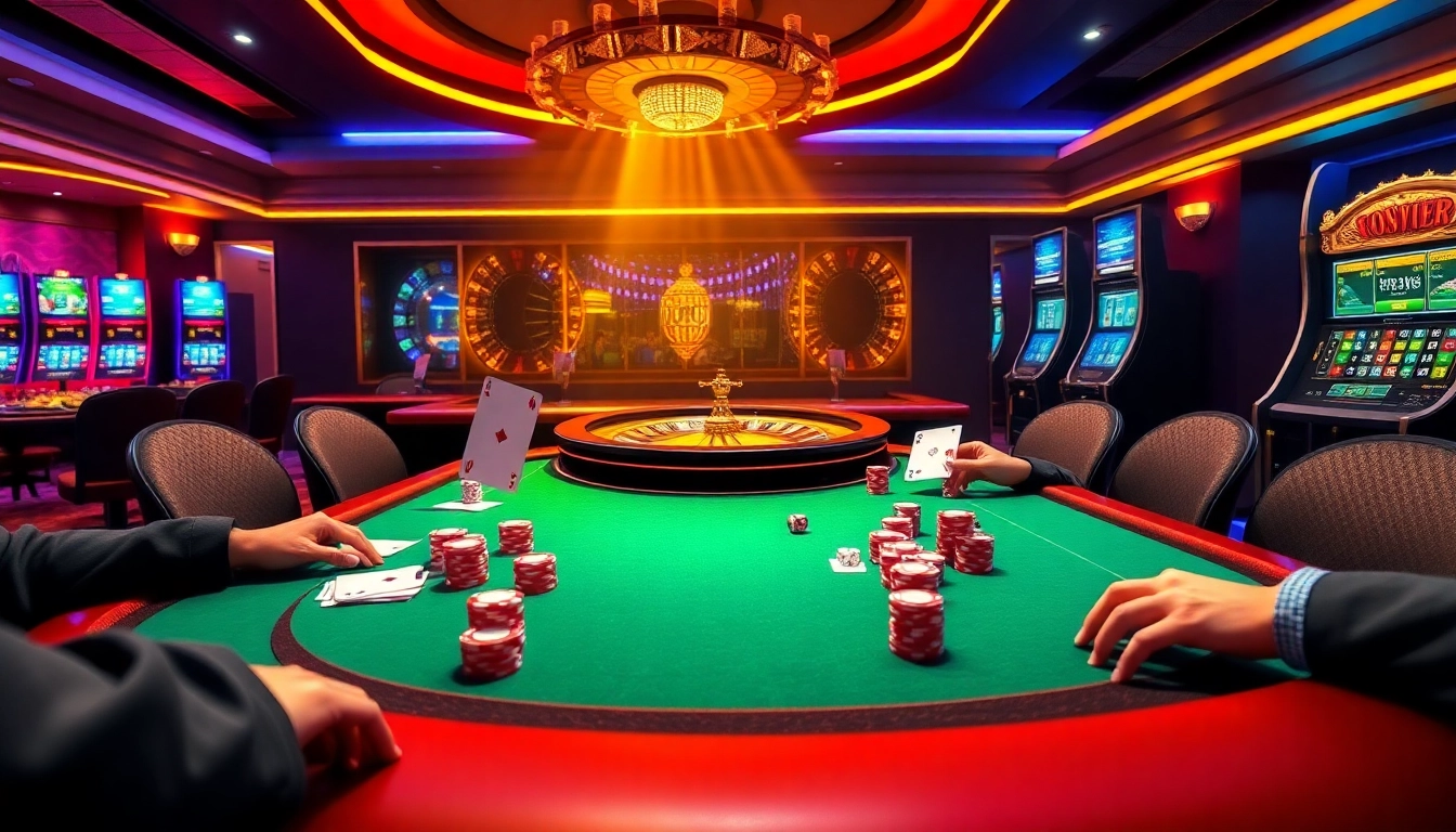 An exciting casino scene highlighting the dynamic world of gambling at https://bj88h.org/, featuring poker, dice, and roulette.