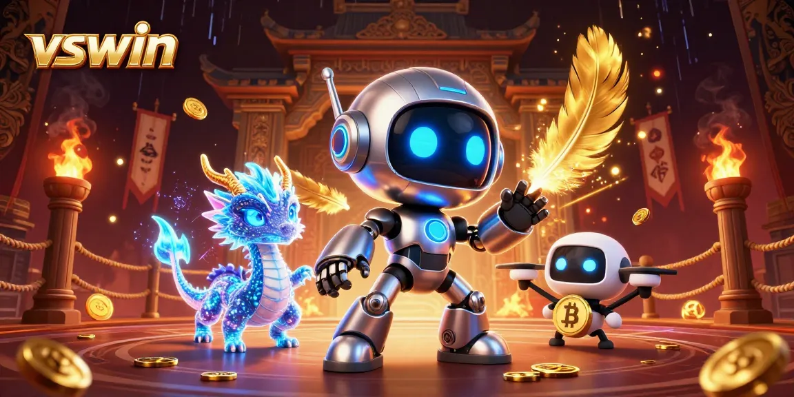 Engage with vswin’s vibrant online gaming scene featuring a futuristic robot, AI dragon, and bitcoin elements.