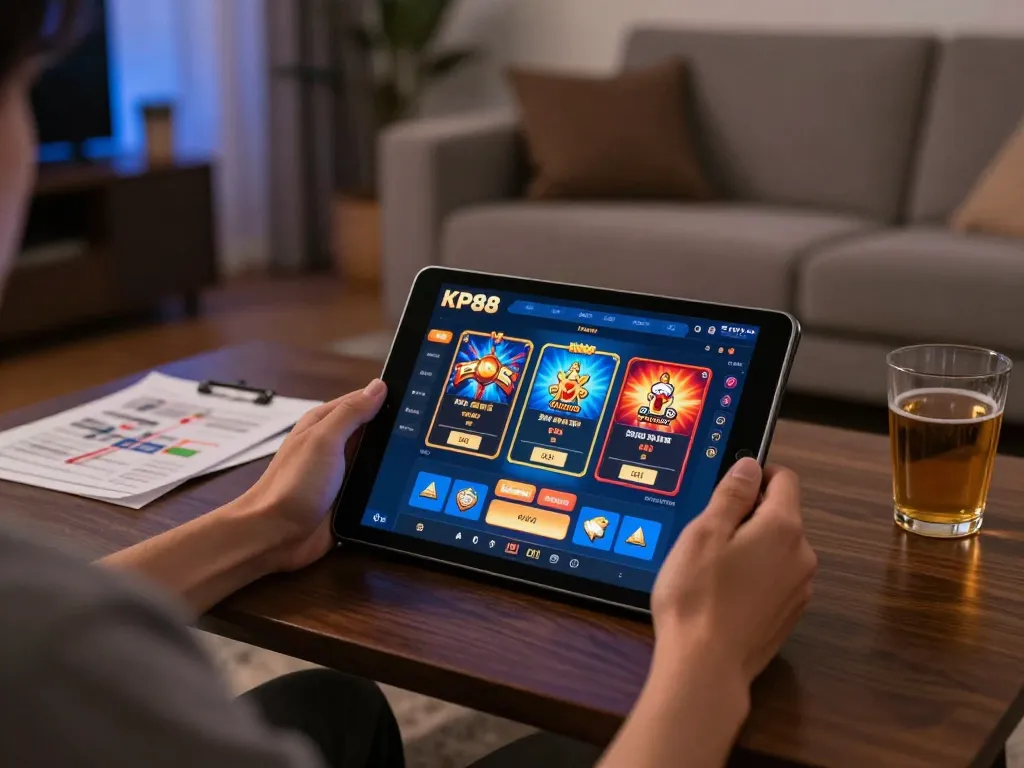 Engaging in KP88 đăng nhập on a tablet for online casino gaming in a cozy home setting.