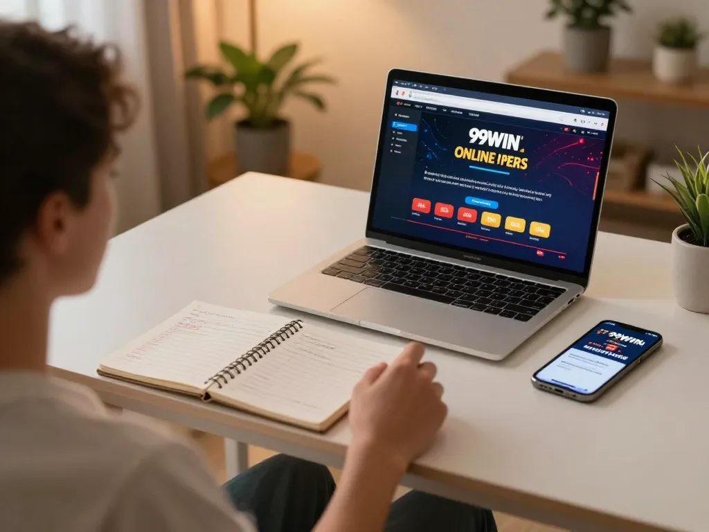 Player engaging with 99WIN online casino interface during strategic gameplay in a cozy home setup.