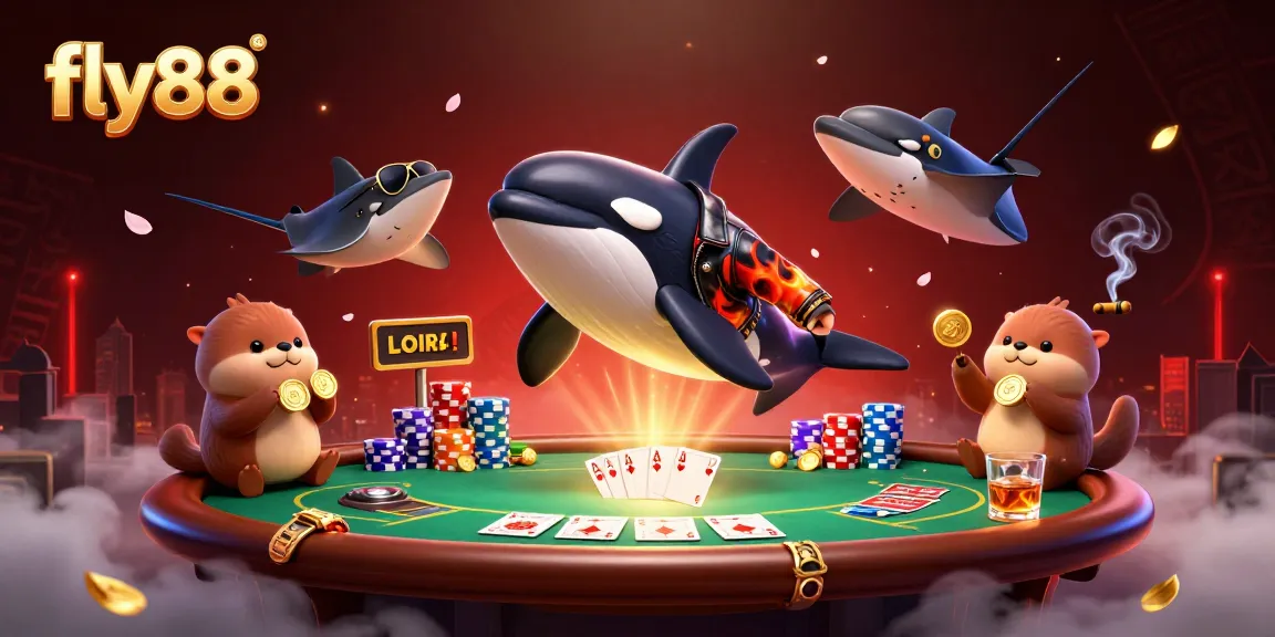 See the fly88 whale in a biker jacket jumping amidst poker chips, showcasing gaming excitement.