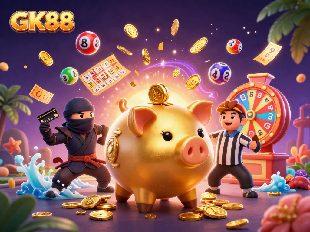 Win big with GK88's exciting gaming scene featuring vibrant elements and dynamic characters.