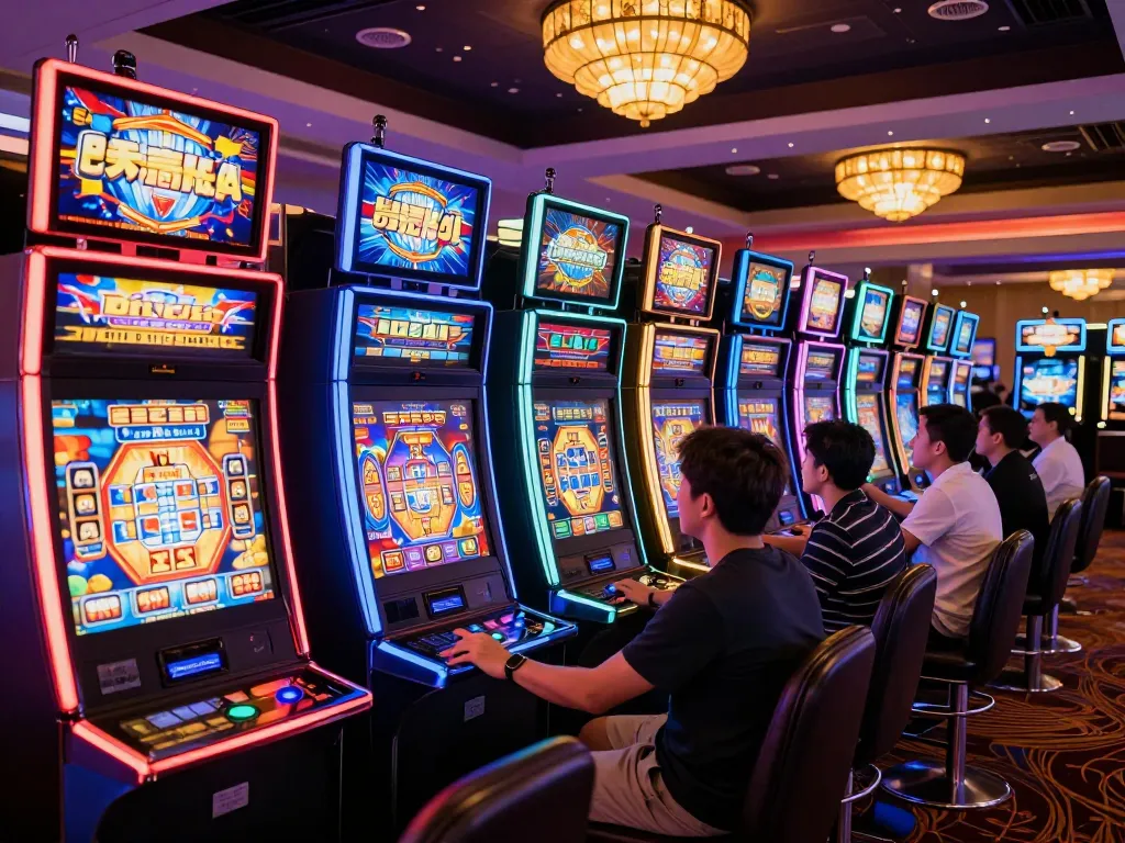 Players enjoying vibrant slot gacor machines in a lively casino atmosphere, showcasing excitement and engagement.