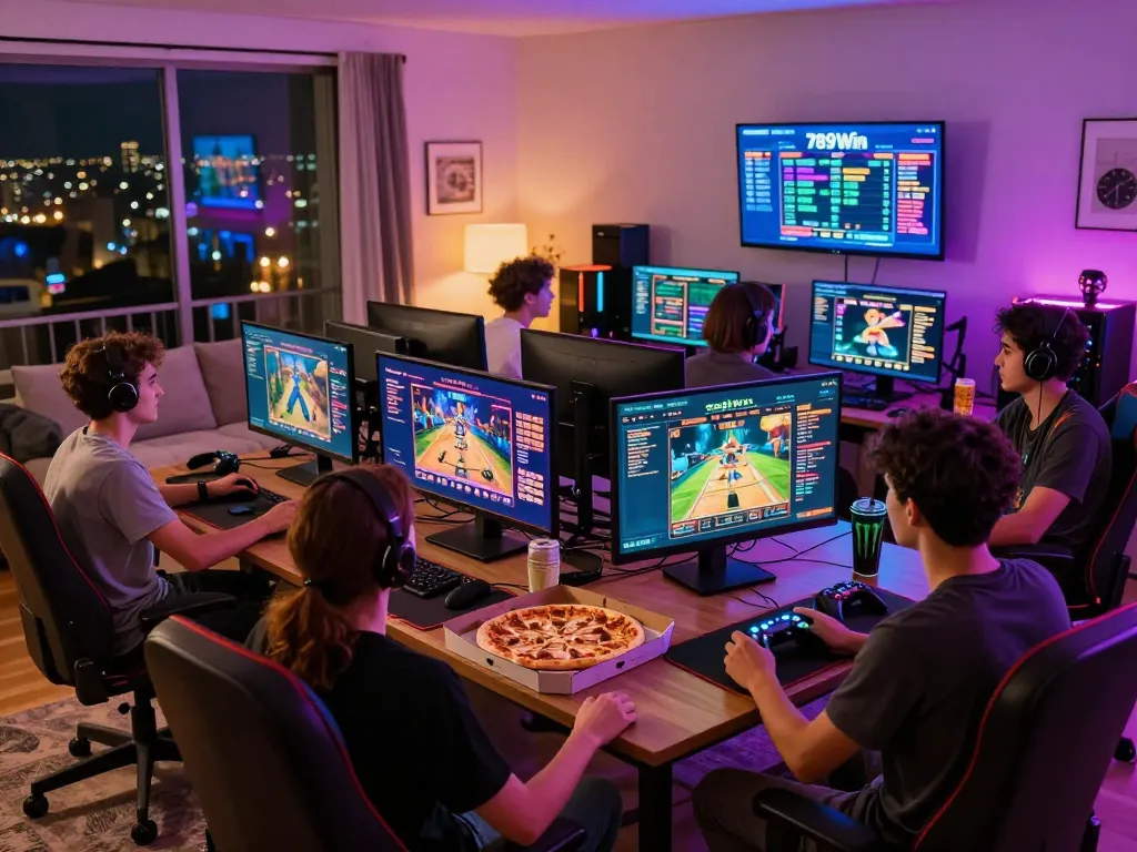 Group of friends enjoying online gaming on 789Win platform in vibrant setup.
