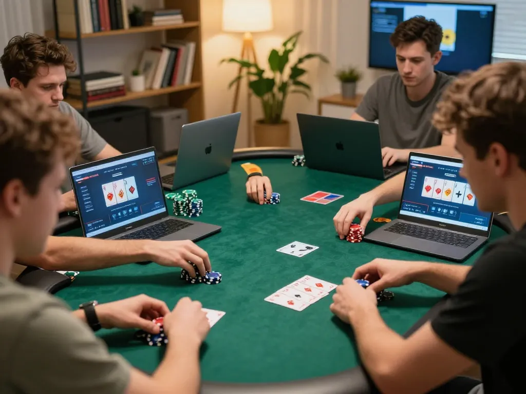 Players enjoy FLY88 poker in a modern home setting, showcasing engaged gameplay and strategic betting.