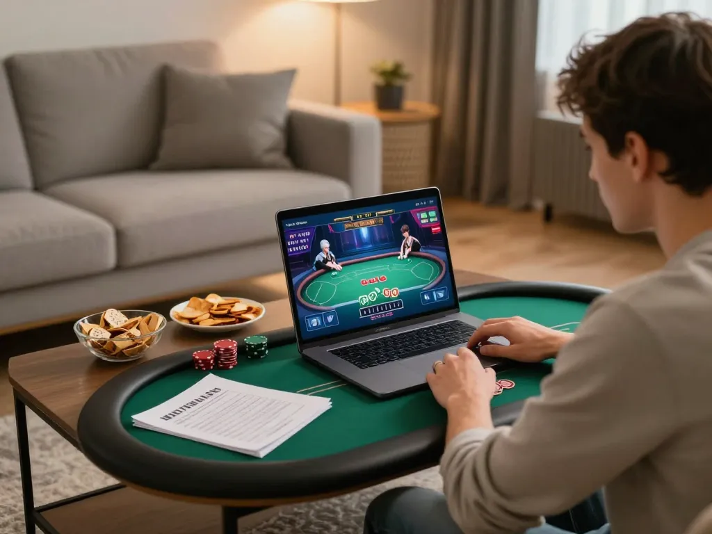 Engaging in the bl555r poker game on a laptop in a cozy living room.