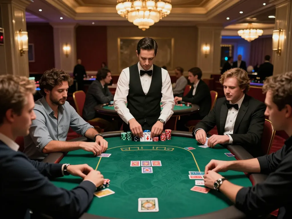 Twin68 players strategizing bets at a vibrant poker table in an upscale casino environment.