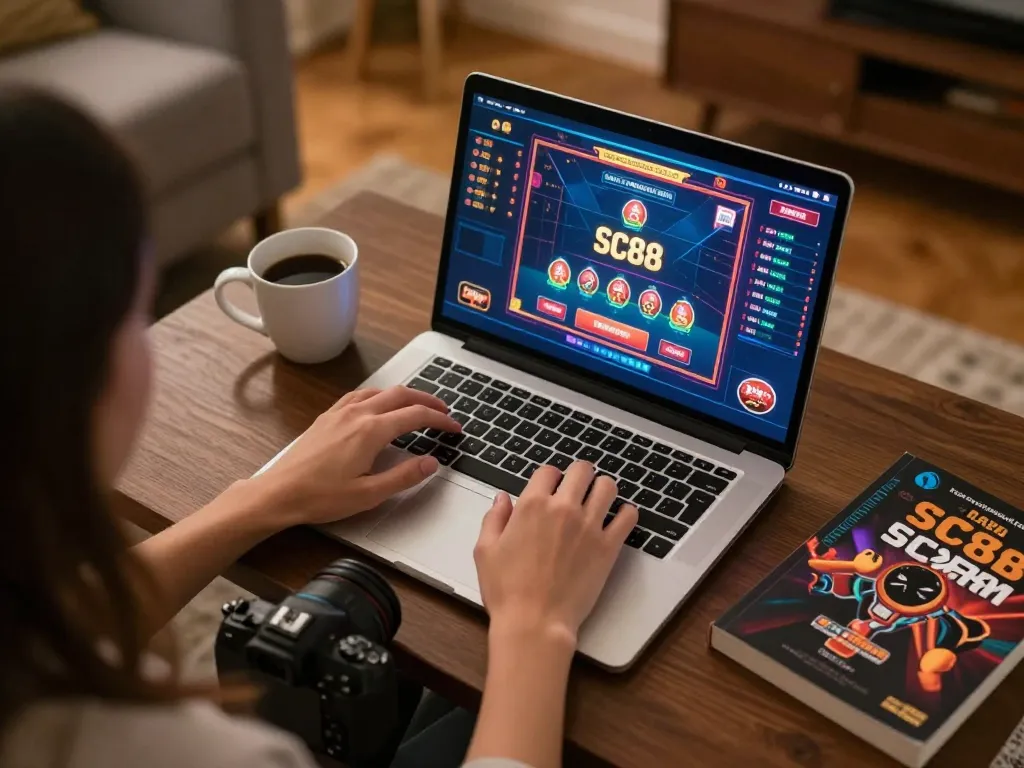 Player enjoying Game sc88 on a laptop in a cozy setting, with strategy notes nearby