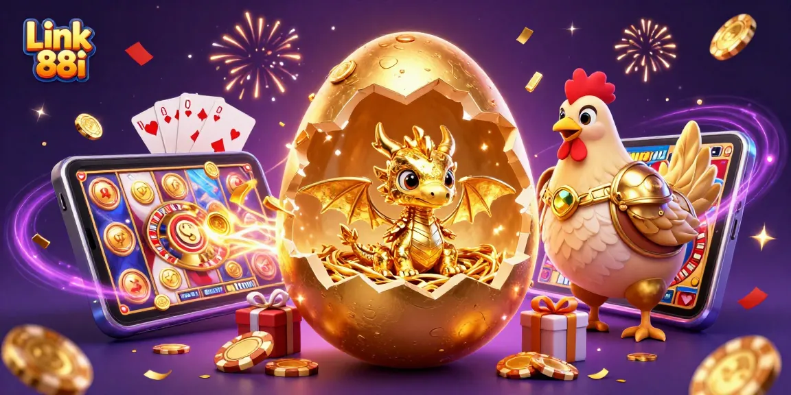 Engage with Link 88i through a vibrant 3D illustration featuring golden gambling elements.