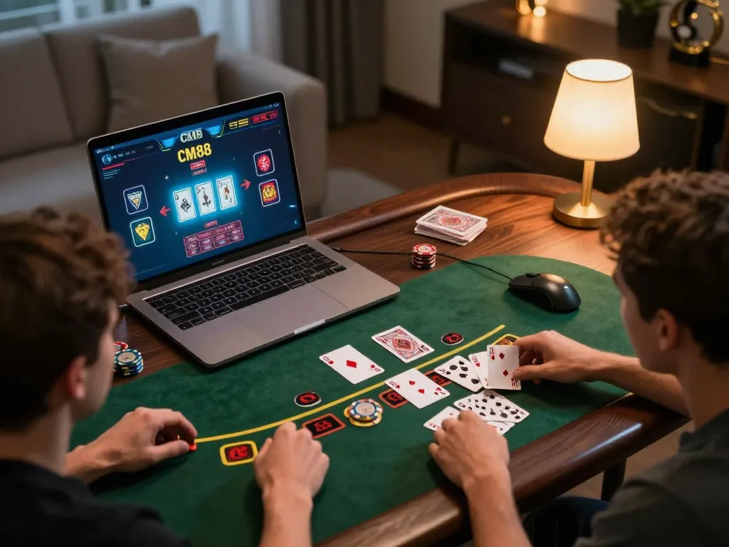 Players enjoy thrilling Blackjack on the CM88 gaming platform with modern home setup.