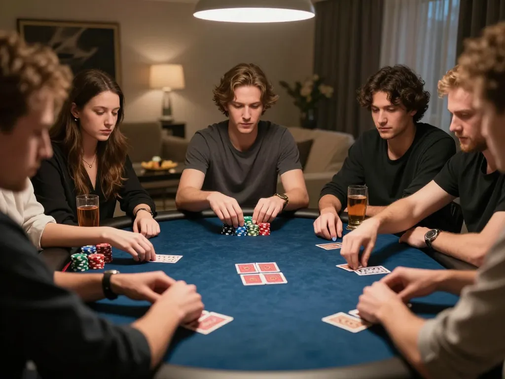Poker players engaged in a competitive game at home, showcasing nohu90s strategies in a warm, inviting atmosphere