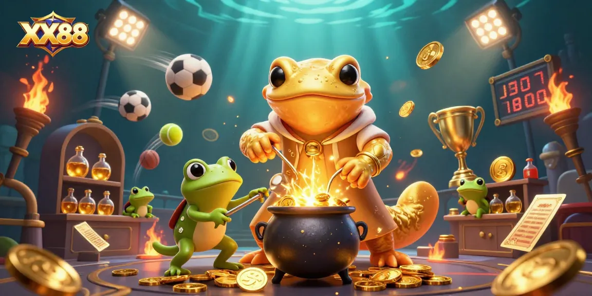 Experience the thrill at XX88 with a vibrant gaming scene showcasing gold transformation and energetic sports elements.