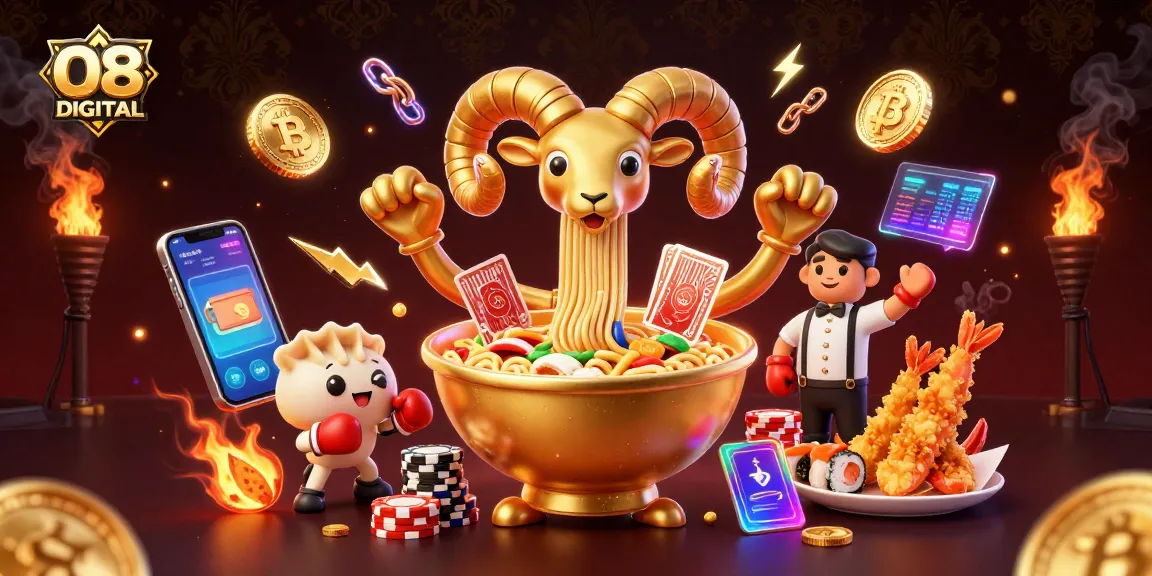 O8 DIGITAL features a vibrant casino scene with cartoon characters and vibrant gaming elements.