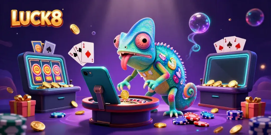 LUCK8 showcases a vibrant casino atmosphere with a colorful chameleon and dynamic gaming elements.