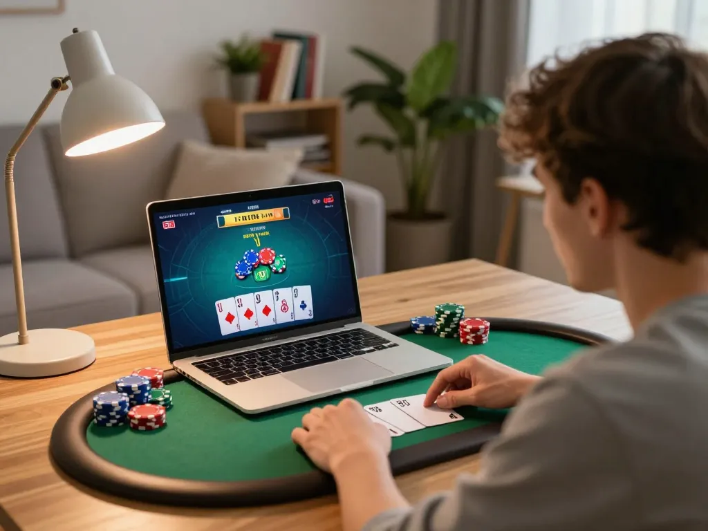 Engaged player using kkwin poker app on laptop in cozy home setting.