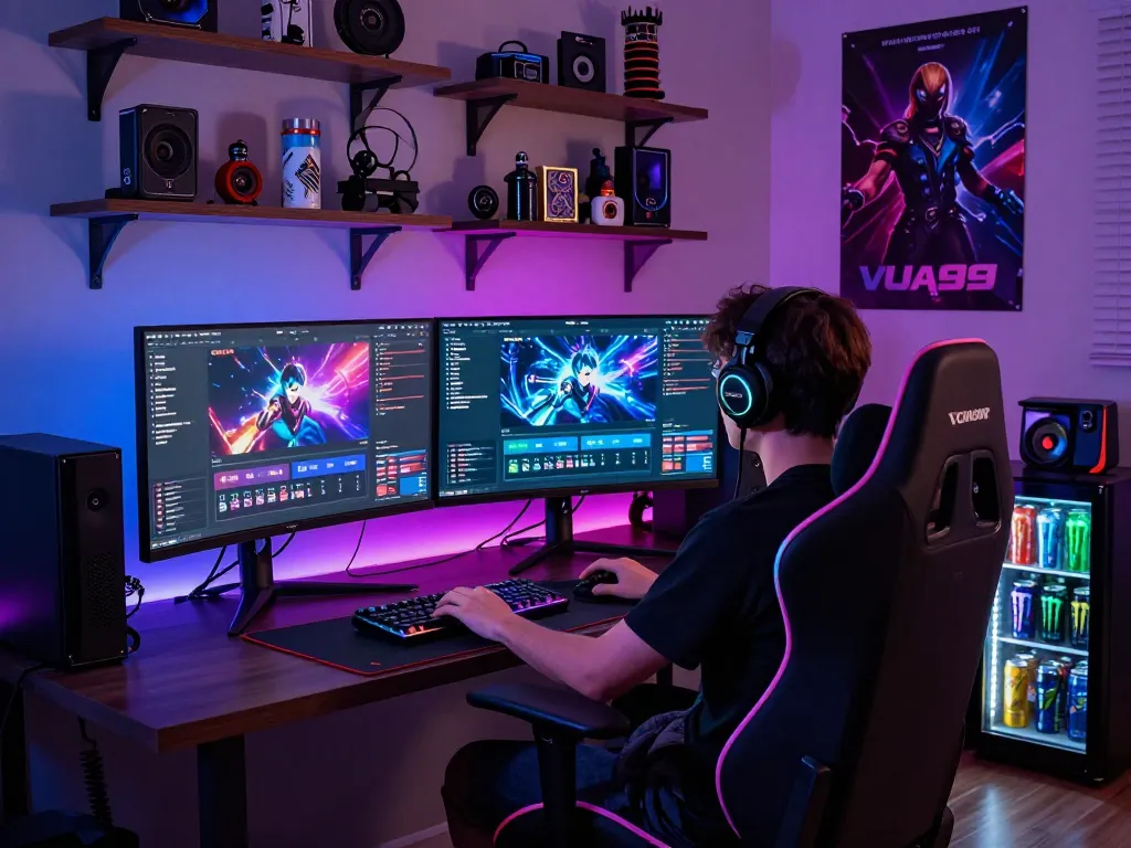 Engaging gaming setup showcasing VUA99 platform with vibrant displays and cozy room atmosphere.