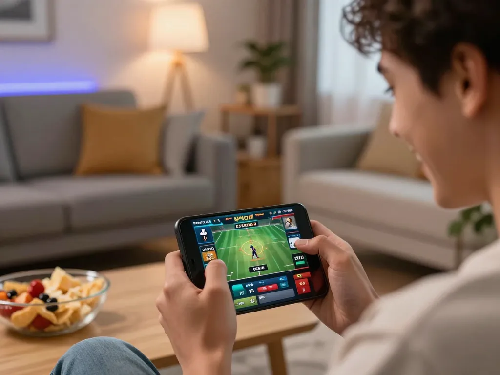 Player winning a bet on sports betting app Lv 88 in cozy home setting