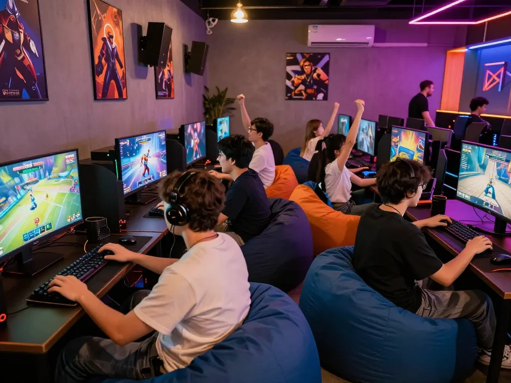 Exciting gaming scene with players enjoying sunwin games in a lively café atmosphere.