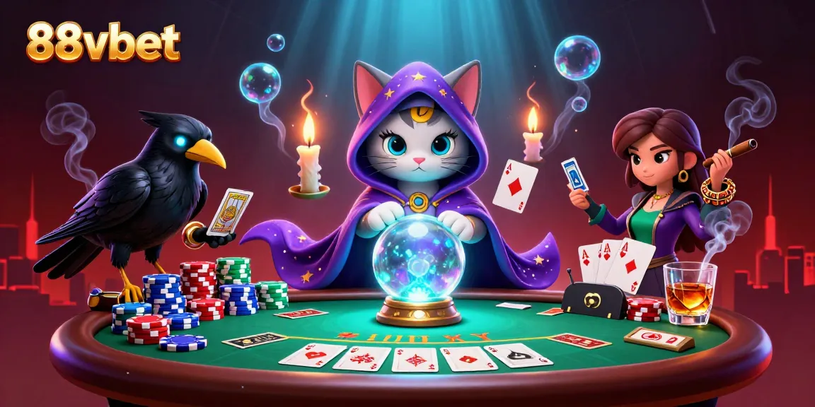 Engage with 88vbet in a vibrant casino scene, featuring a mystical fortune teller cat and a raven.