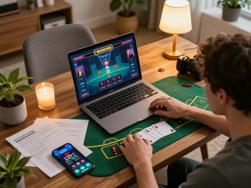 Player enjoying online live dealer blackjack on a laptop, highlighting the hu gaming experience from home.