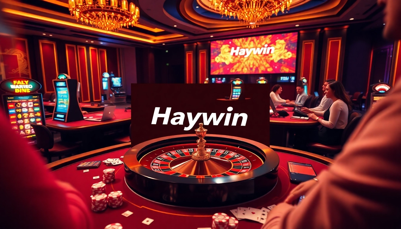 Engage with thrilling gambling action at Haywin, featuring a roulette wheel and poker elements.