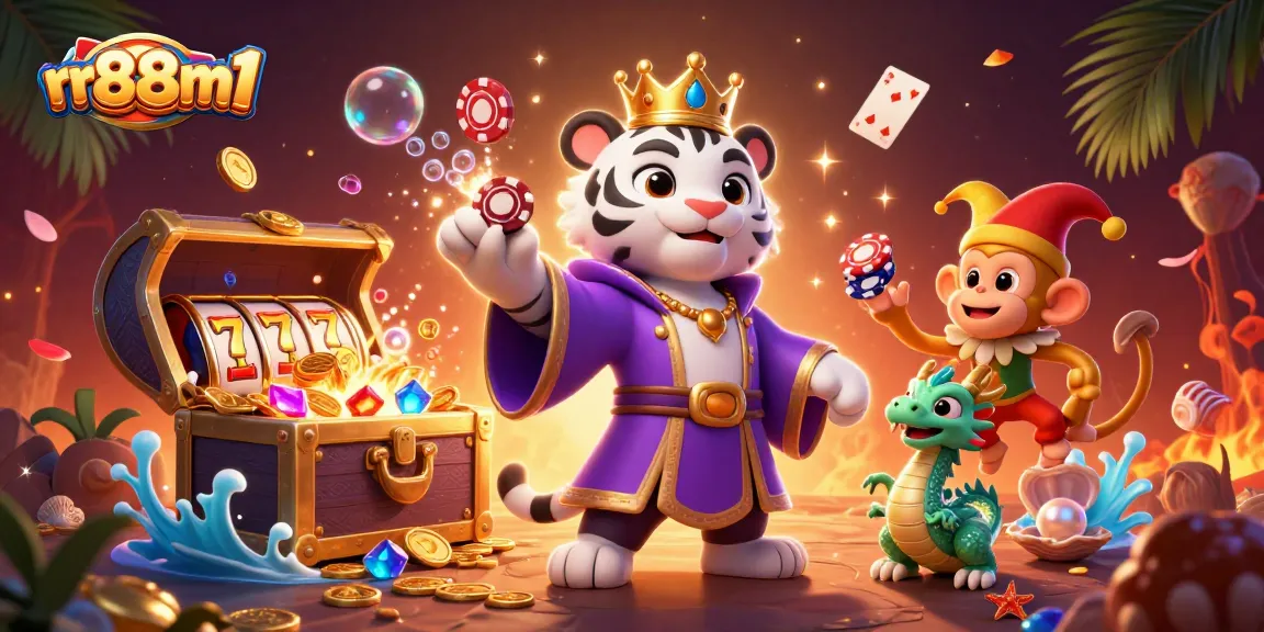Experience thrilling games at rr88m1 with a lively tiger, monkey, and jade dragon surrounded by shining treasures.