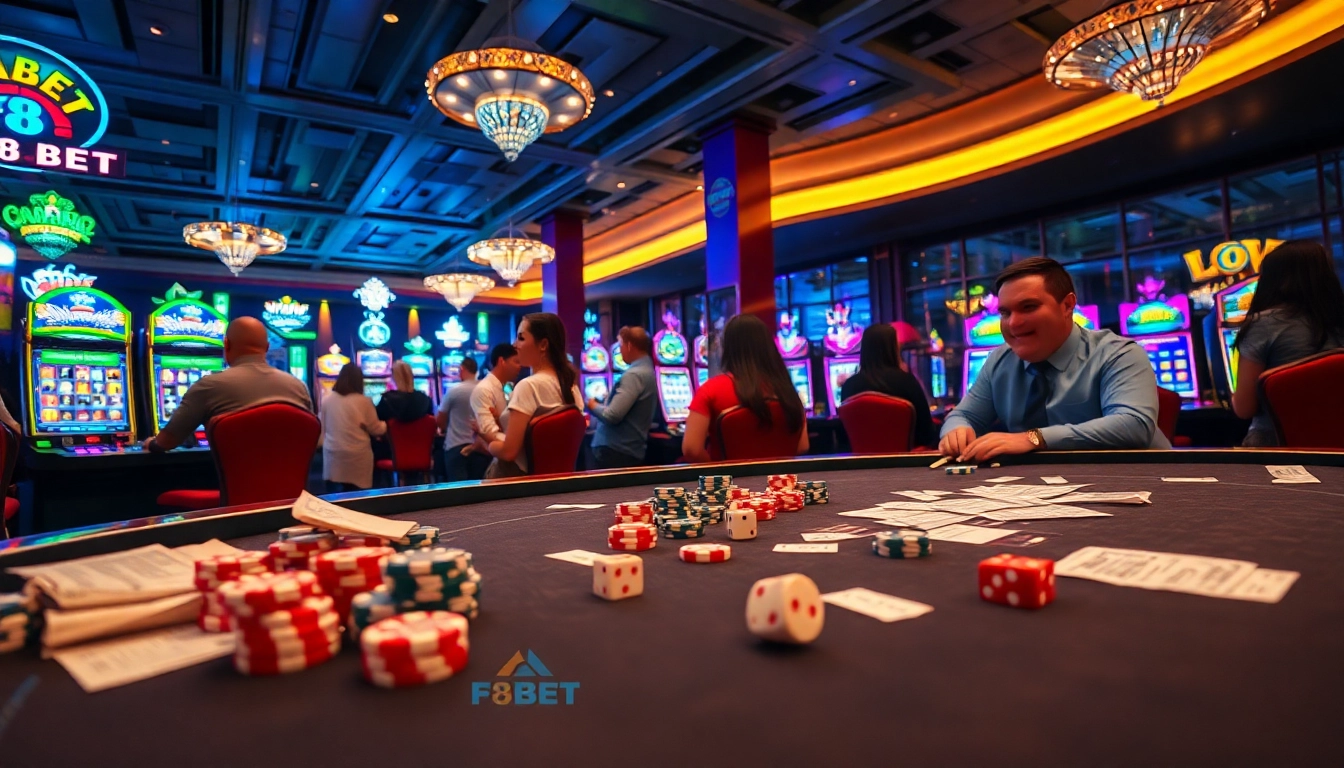 Exciting slot games at https://f8bet.net.in/, with gambling chips and vibrant casino lights.