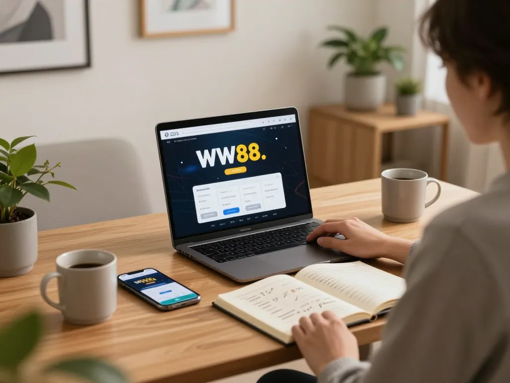 Engaging online gaming session using WW88 platform with strategic planning in a cozy home office.