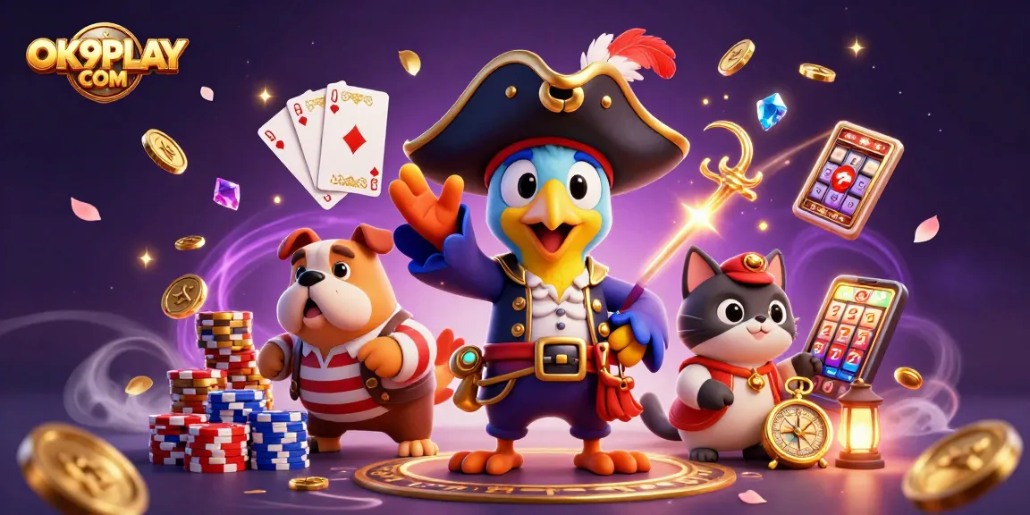 Engaging scene of a pirate captain and friends enjoying casino games at OK9PLAY COM, surrounded by sparkling gems.