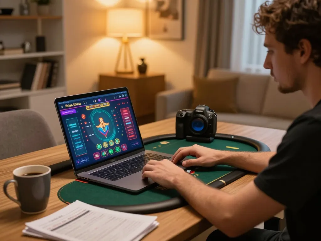 Player engaging in online poker at home with bl555 gaming interface visible on screen