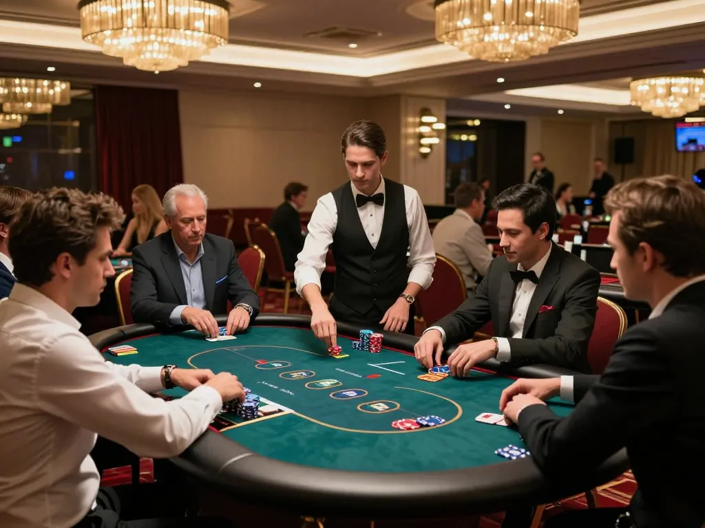 Vip win experience at a sophisticated casino VIP area with poker table and players engaged.