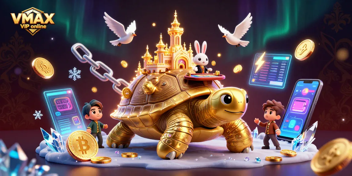 Experience VMAX VIP online with an ultra-detailed 3D casino illustration showcasing a golden tortoise hosting games.