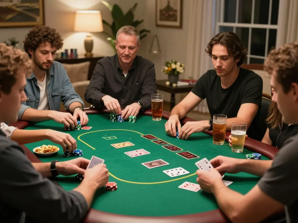 Friends engaging in competitive poker at home, showcasing keonhacaii88 strategies in play.