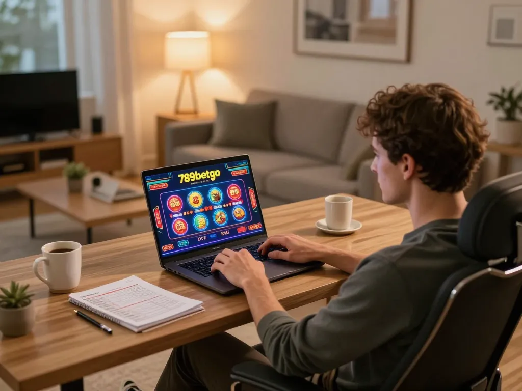 Experience online gaming with 789betgo through a stylish home setup featuring vibrant casino games.