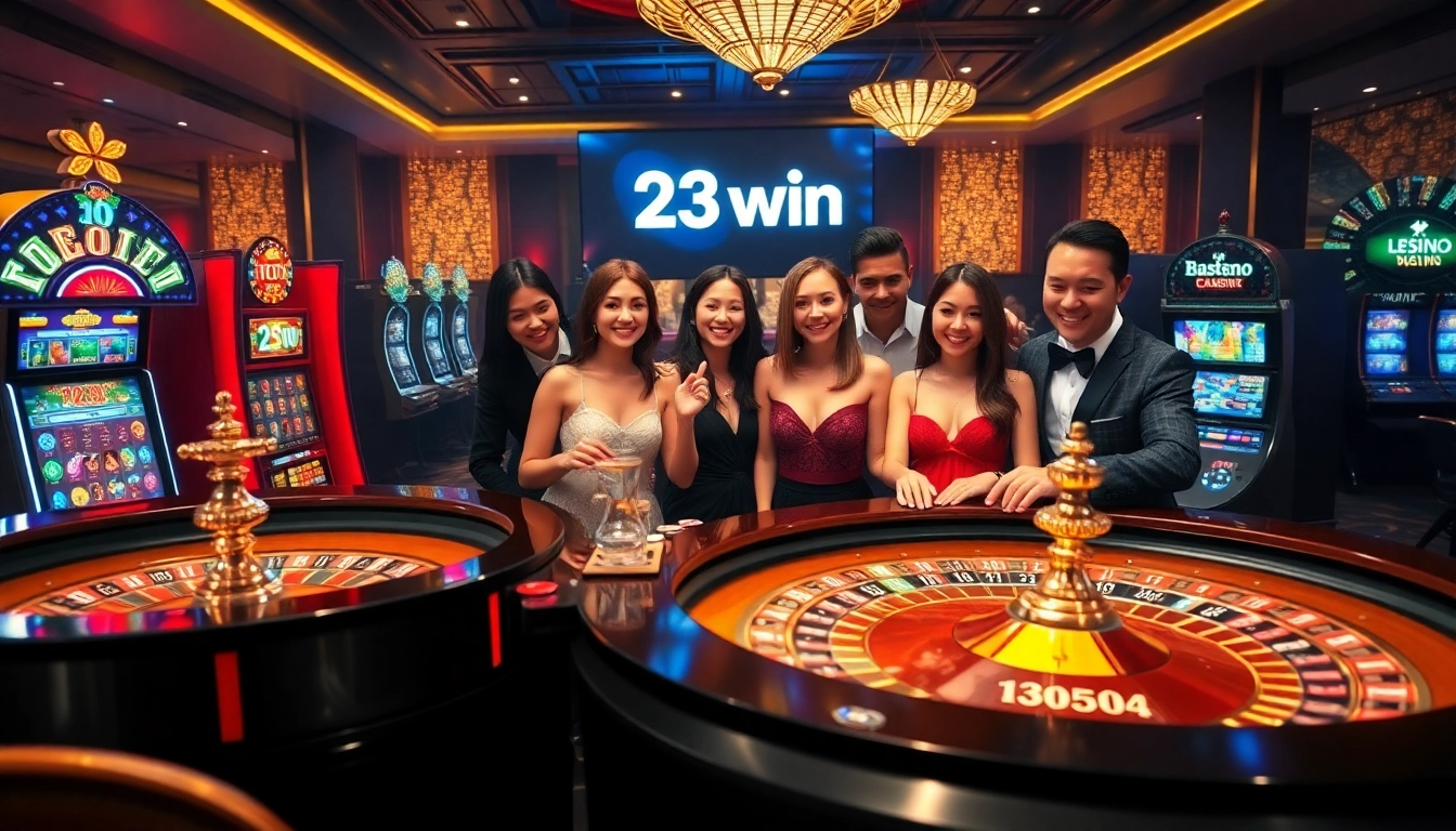 Gamblers enjoying an exciting game at the 23win casino, featuring roulette wheels and poker chips.