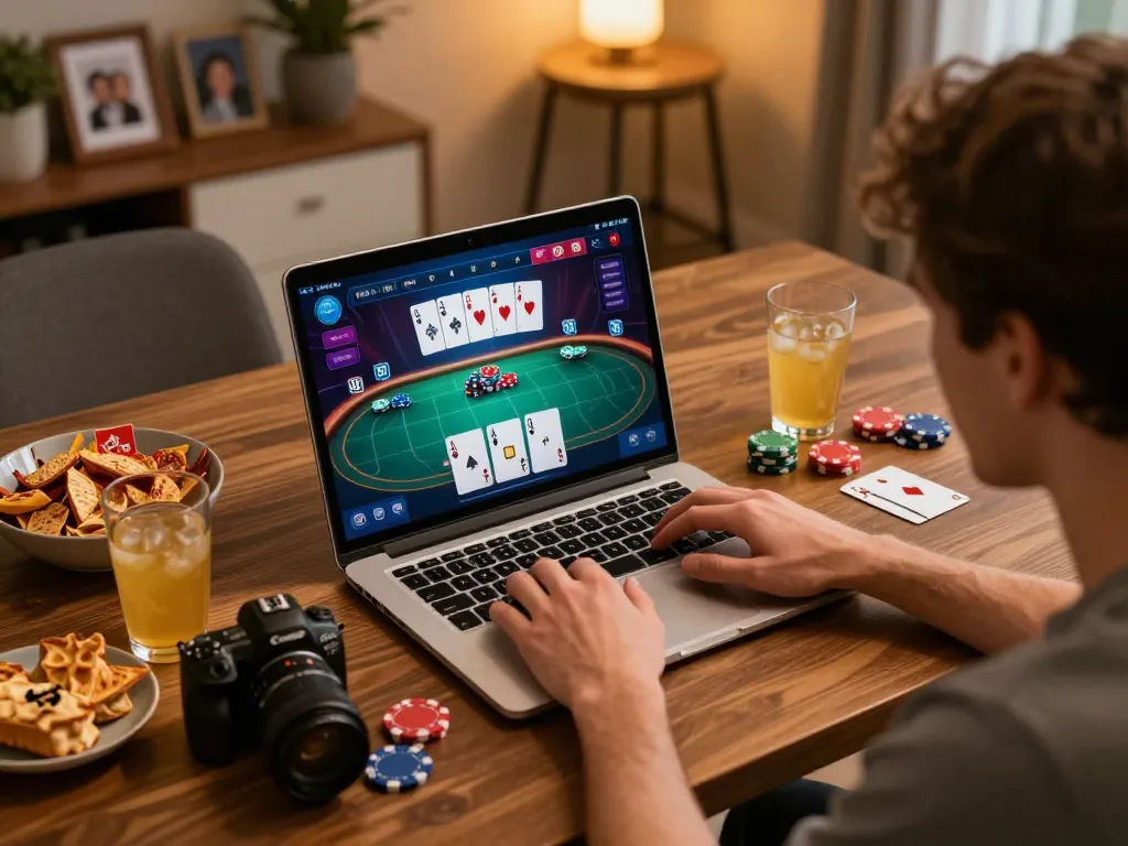 Engaging online poker session at home using https://xo88.farm/ with vibrant game interface and cozy setup.