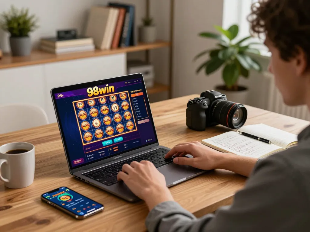 Player engaging in online gaming with 98win on laptop, featuring vibrant slots and a casual setup.
