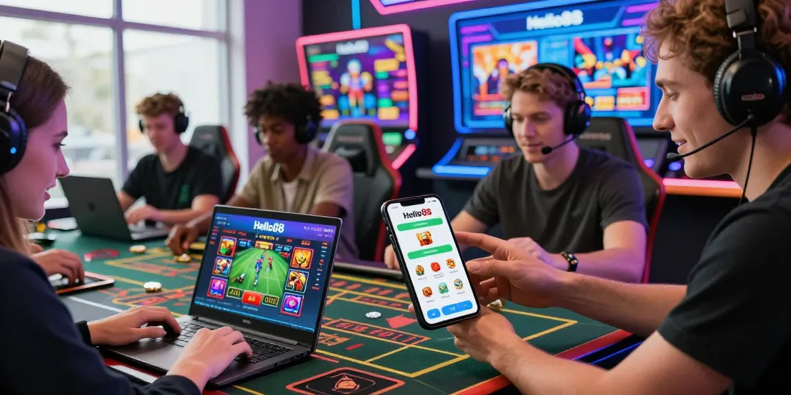 Engaged gamers on https://hello88ke.com/ in a lively online gaming environment, showcasing diverse activities and camaraderie.