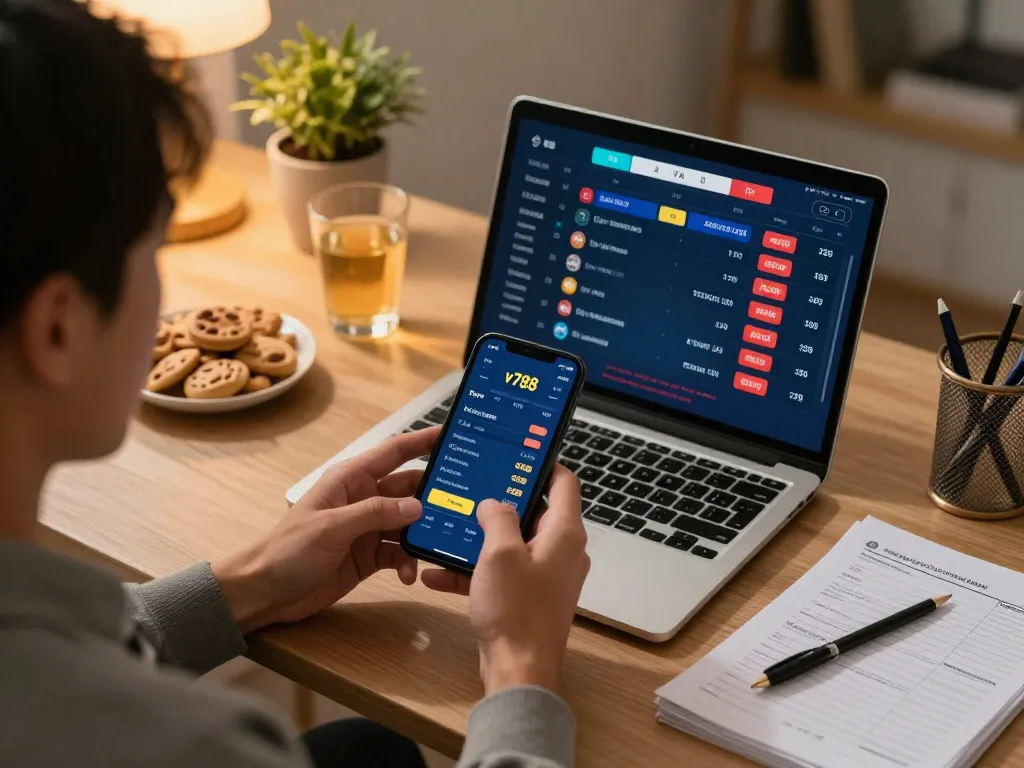 Engaged player using v788 mobile app for sports betting in a cozy home office.