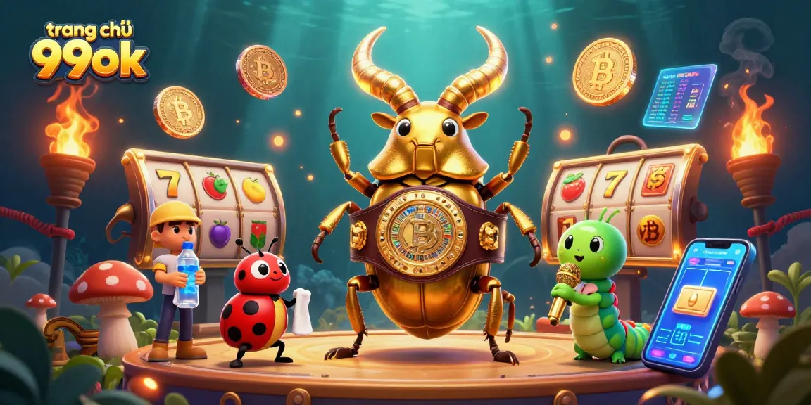 Engage with the vibrant 3D scene of trang chủ 99ok showcasing golden stag beetle and casino motifs.