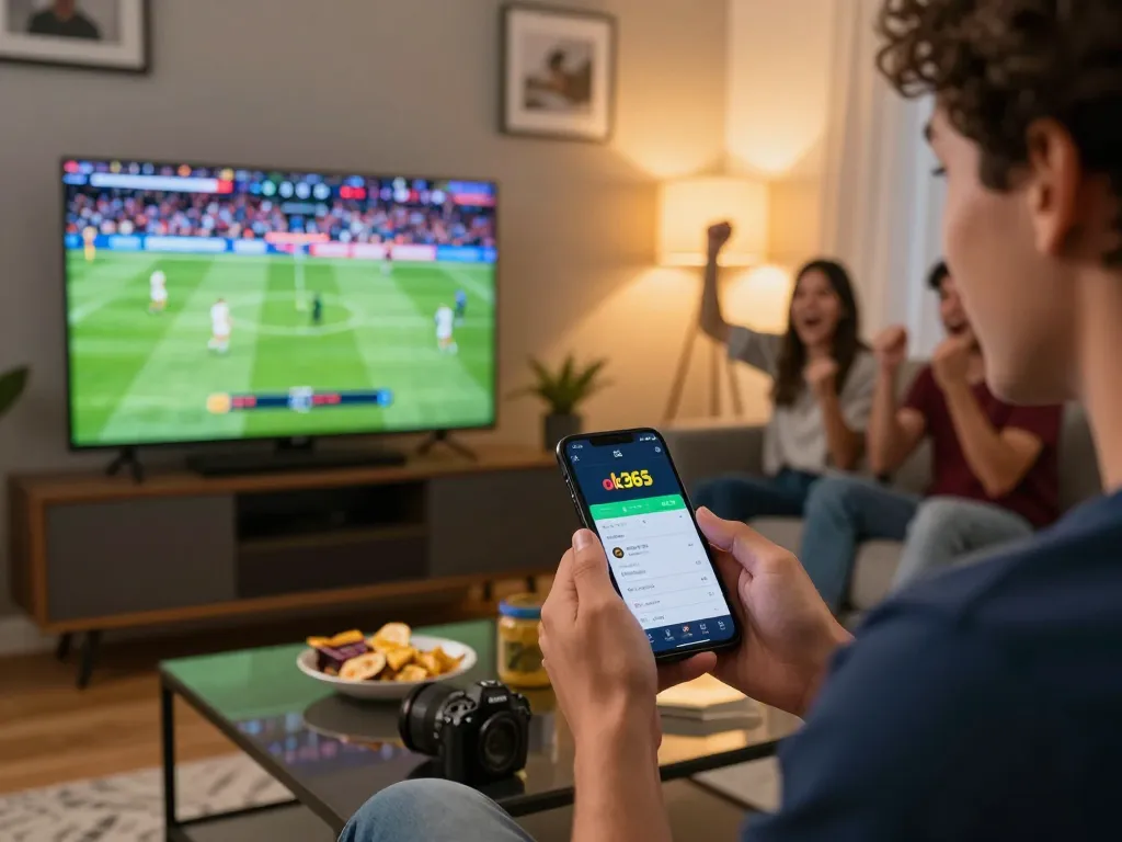 Betting on ok365 from home as friends cheer during the game, showcasing excitement and social interaction