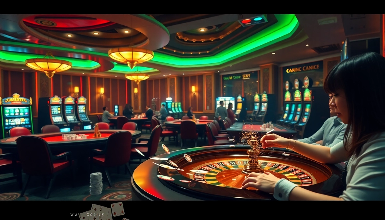 A dynamic casino scene with players engaged in thrilling games at https://lc88.co.com/, featuring poker chips and a roulette wheel.