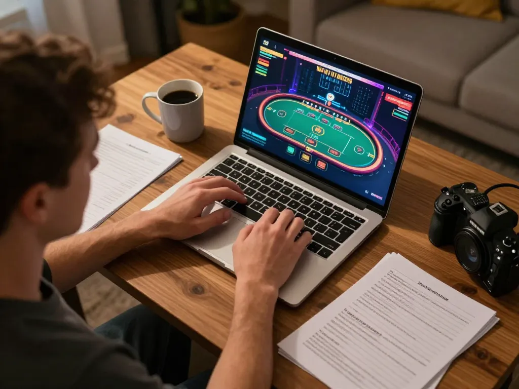 Engaged player enjoying an online casino game at home on ee88 platform with strategy notes.