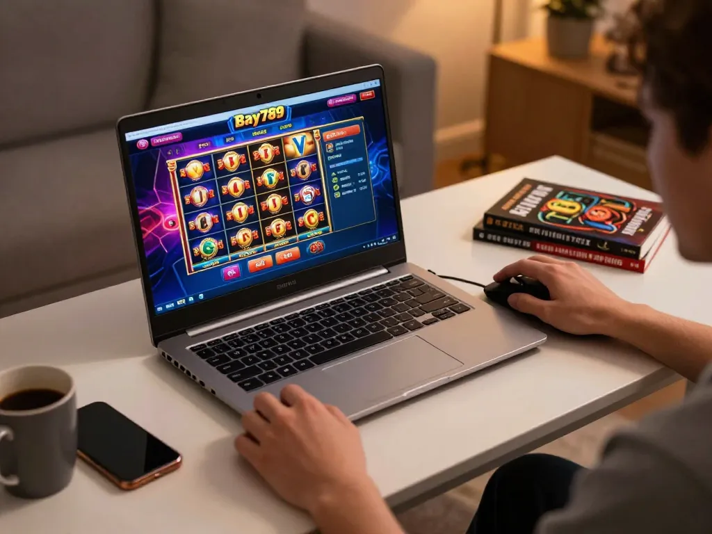 Engaging in online gaming at Bay789 casino, showcasing a laptop interface with vibrant games.
