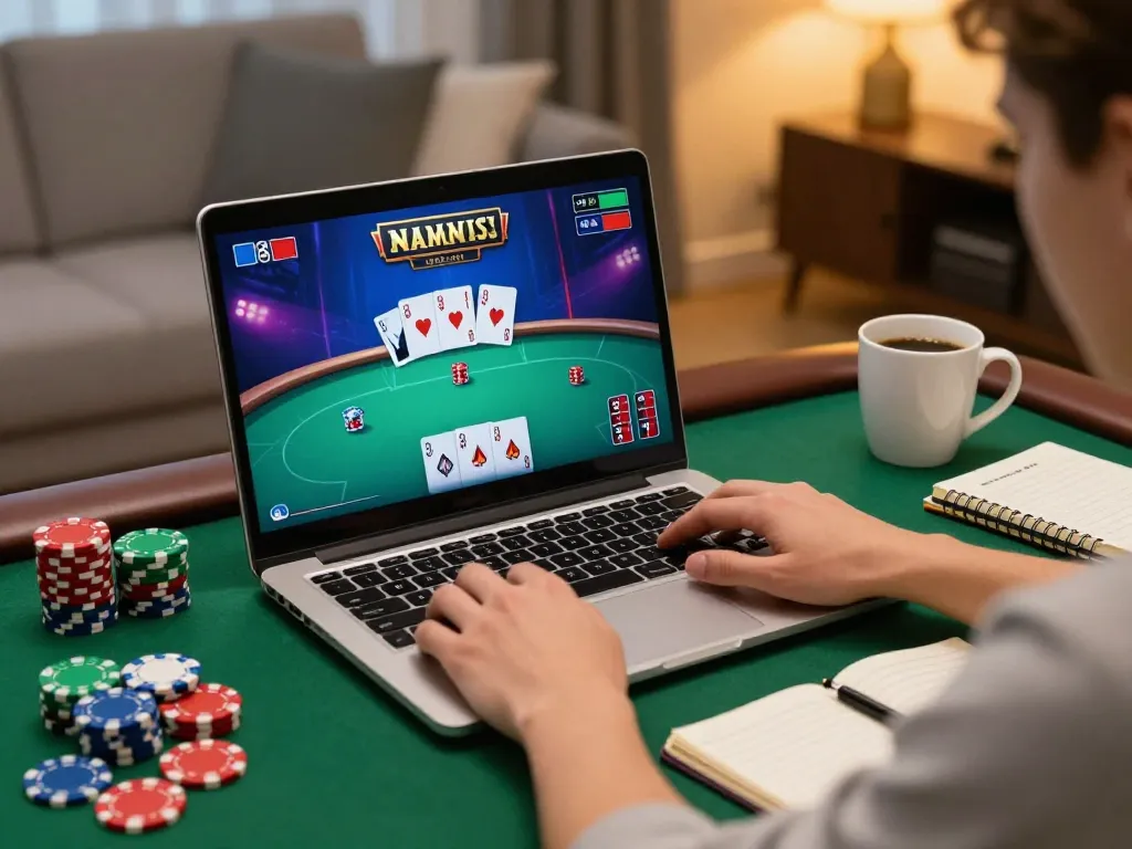 Player strategizing on ga8888 poker game at home with laptop and chips, highlighting online gambling