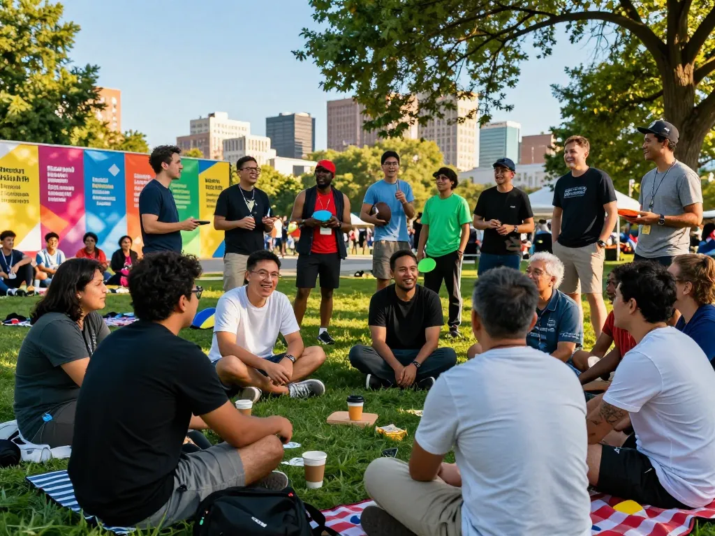 Men's social gathering showcasing manclub community support in an urban park.