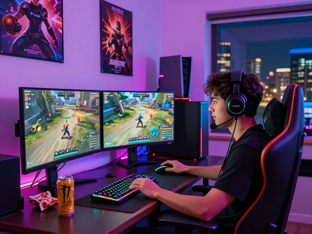 Exciting gaming room scene featuring bomwin player at dual monitors.
