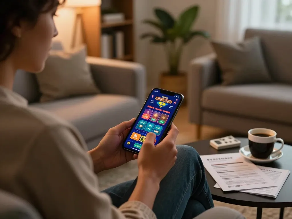 Engaging in online gaming at nhà cái sin88 on a mobile device in a stylish living room.