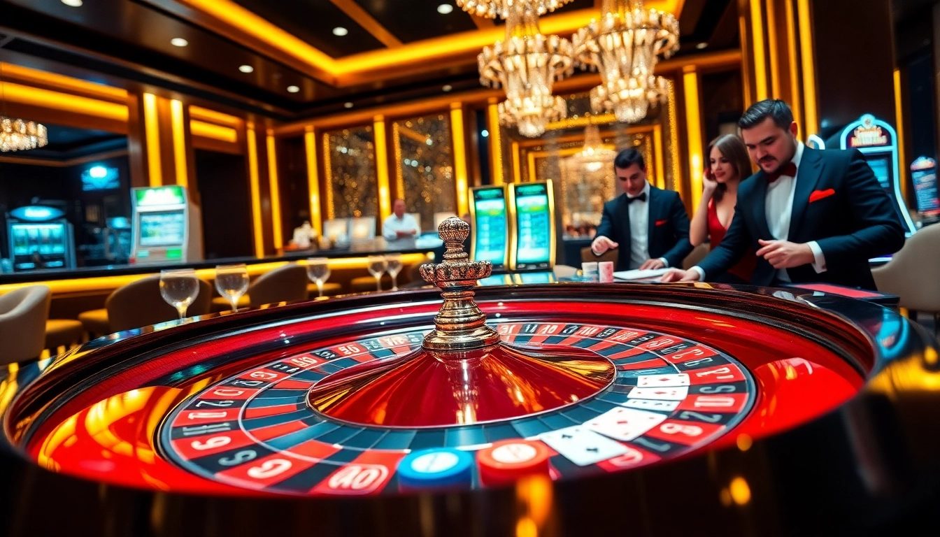 Experience the excitement of 8KBET 456 at a luxurious casino with vibrant tables and happy players.