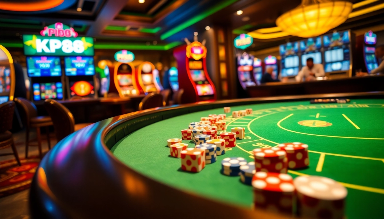 Exciting casino environment featuring KP88 COM interactive gambling tables and vibrant slot machines.